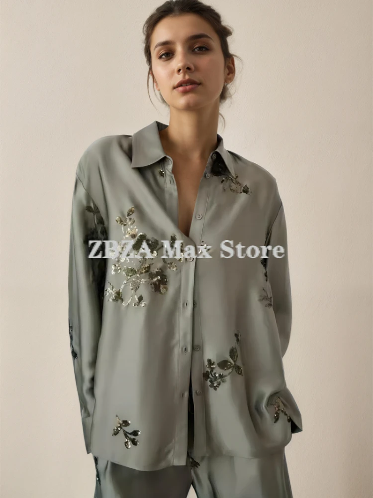 ZBZA Women's Sequin Satin Effect Shirt Pants Set Lapel Long Sleeves Appliqué Silken Texture Shirt High Waist Sequins Long Pants