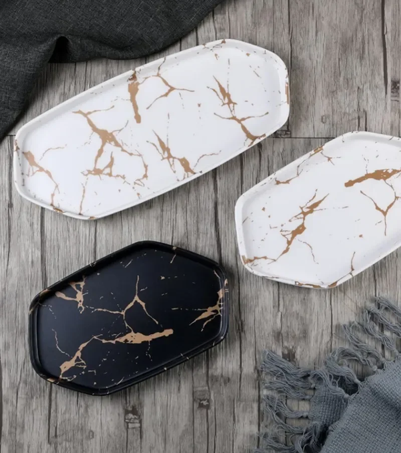 Nordic Restaurant Pizza Snack Plate Square Melamine Service Plate Creative Marble Gold Pattern Western Dish with Grid Steak Plat