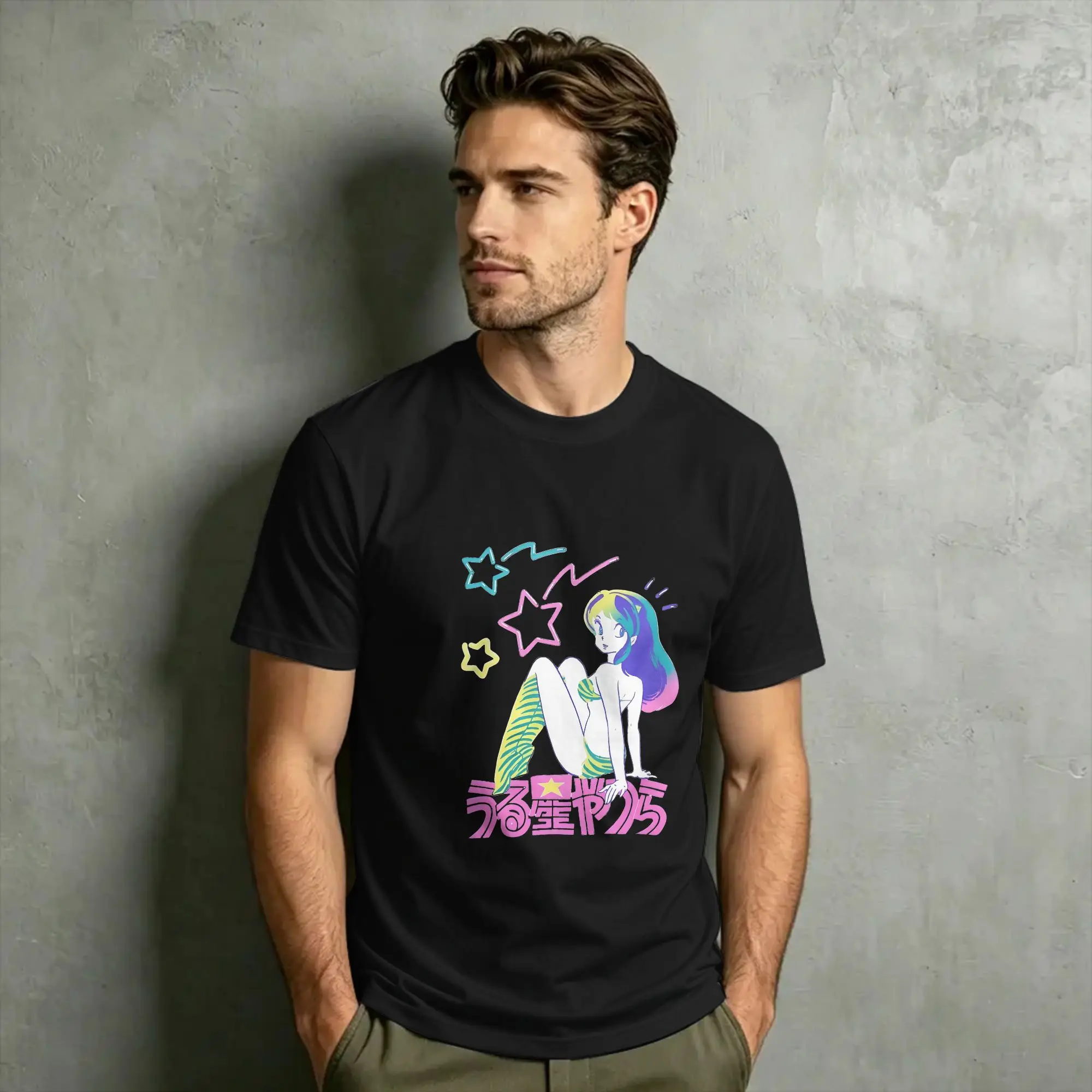 Camiseta de algodón para hombre, estilo Harajuku, de manga corta, con diseño de Urusei Yatsura Lamu de los años 80, ideal para el verano, camiseta básica de estilo Y2K.