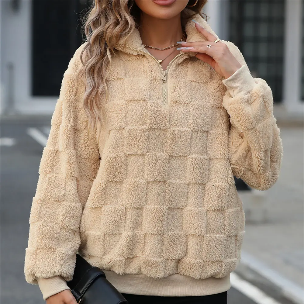 Women Winter Teddy Sweater Turtleneck Sherpa Fleece Pullover Waffle Check Autumn Warm 1/4 Zipper Puffy Sweatshirts