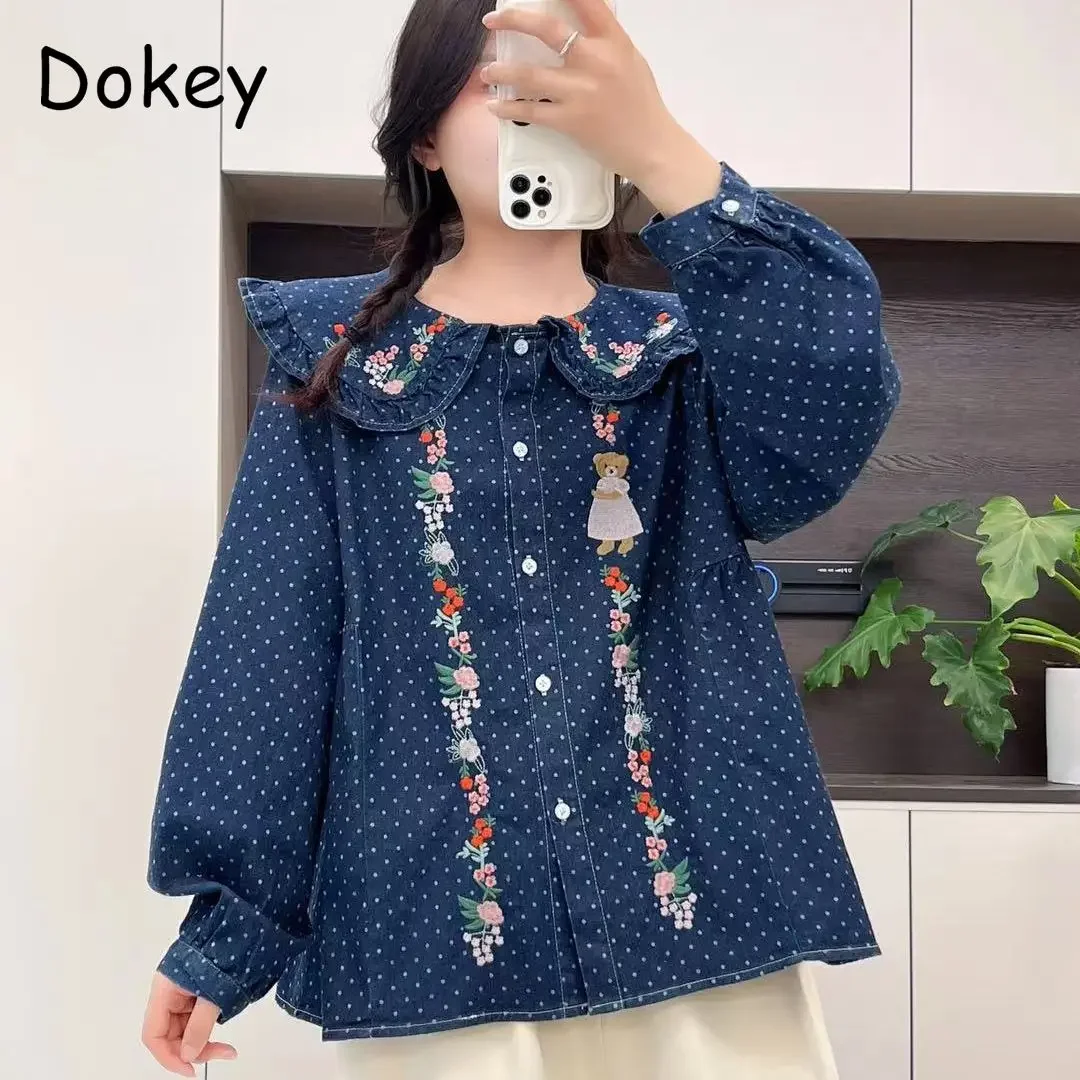 Vintage Flower Embroidery Blue Dot Denim Shirts For Women Japanese Mori Girl Ruffled Peter Pan Collar Long Sleeve Kawaii Blouse