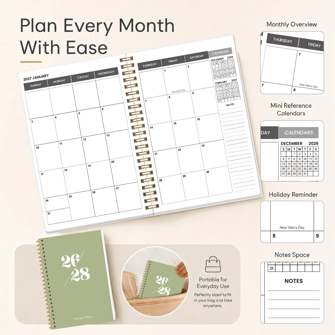 1PC 2026-2028 Academic Planner Jul 2026-Jun 2028, A5 Monthly Planner with Reference Calendars, Notes Pages & Spiral Binding