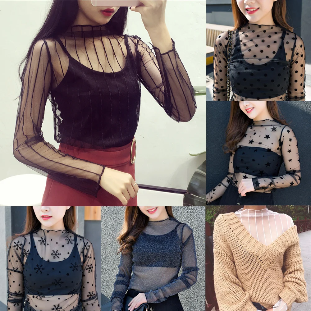 Women Fashion T-Shirts Tulle Mesh Versatile Long Sleeve Ladies Printed Tops Casual Thin Base Blouses Lace Sheer Blouses