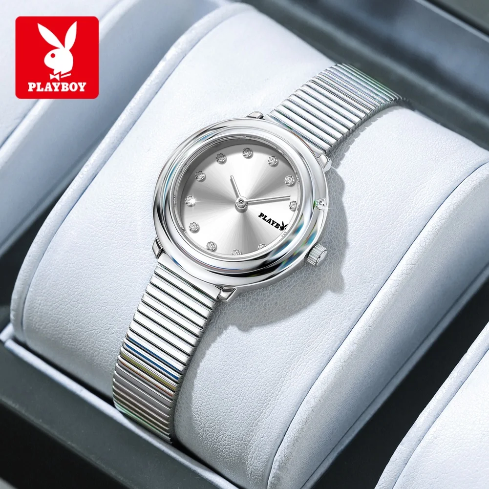 PLAYBOY 3117 Brand Quartz Movement Watch Shimmering Splendor Zirconium Drill Elegant Style Stainless Steel Bracelet Watch