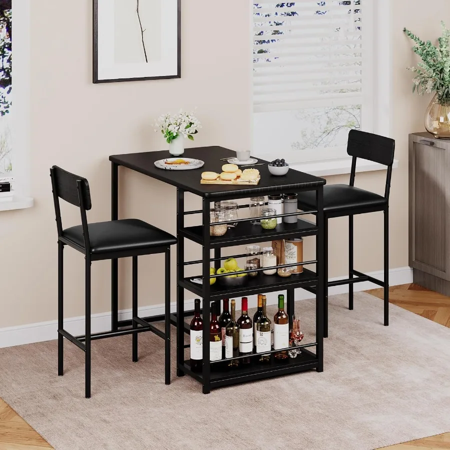 Counter Height Dining Table Set for Small Apartments: Rustic Black Metal Wood, 3-Piece with 2 Upholstered Chairs 3 Storage Shel