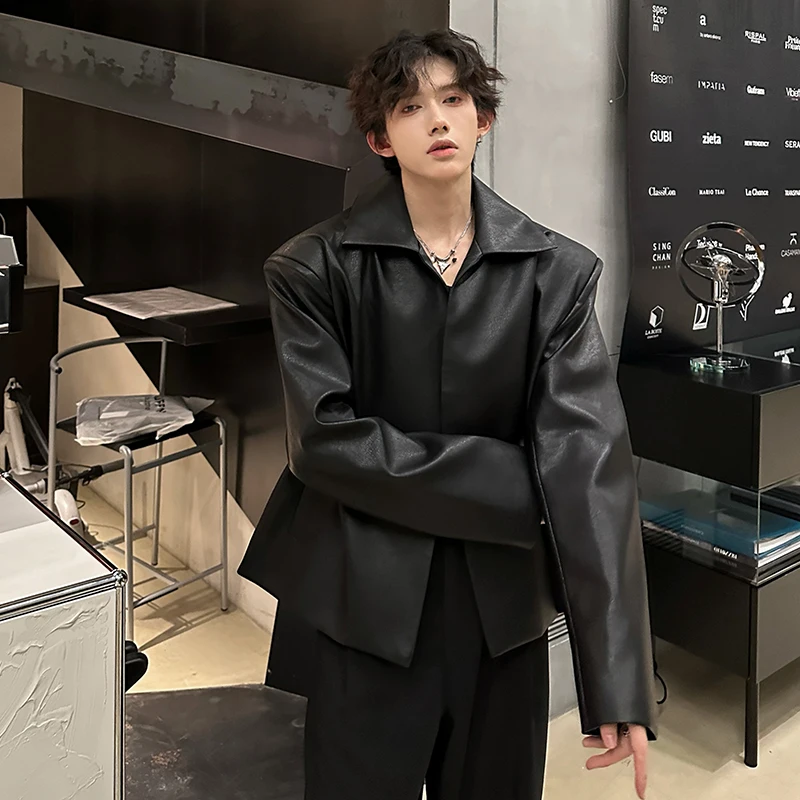 

American Retro mat Sle Buttonl oulder Pad Bla Leather Jaet ex Youth Faion Outerwear Windproof Long Sl...