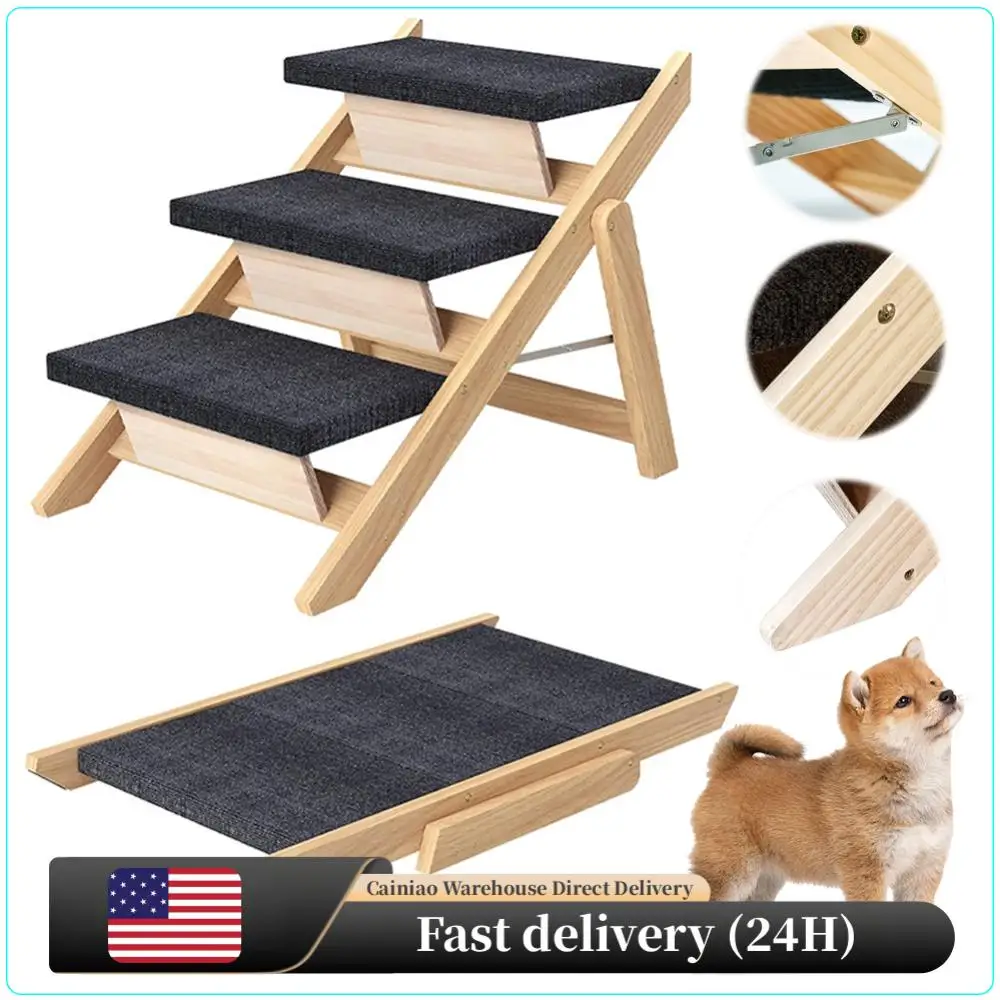 

Eco-Friendly Foldable Wooden Pet Ramp Non-Slip Carpeted Dog Stairs Cat Climbing Ladder Space-Saving for Indoor Outdoor Pet Acc