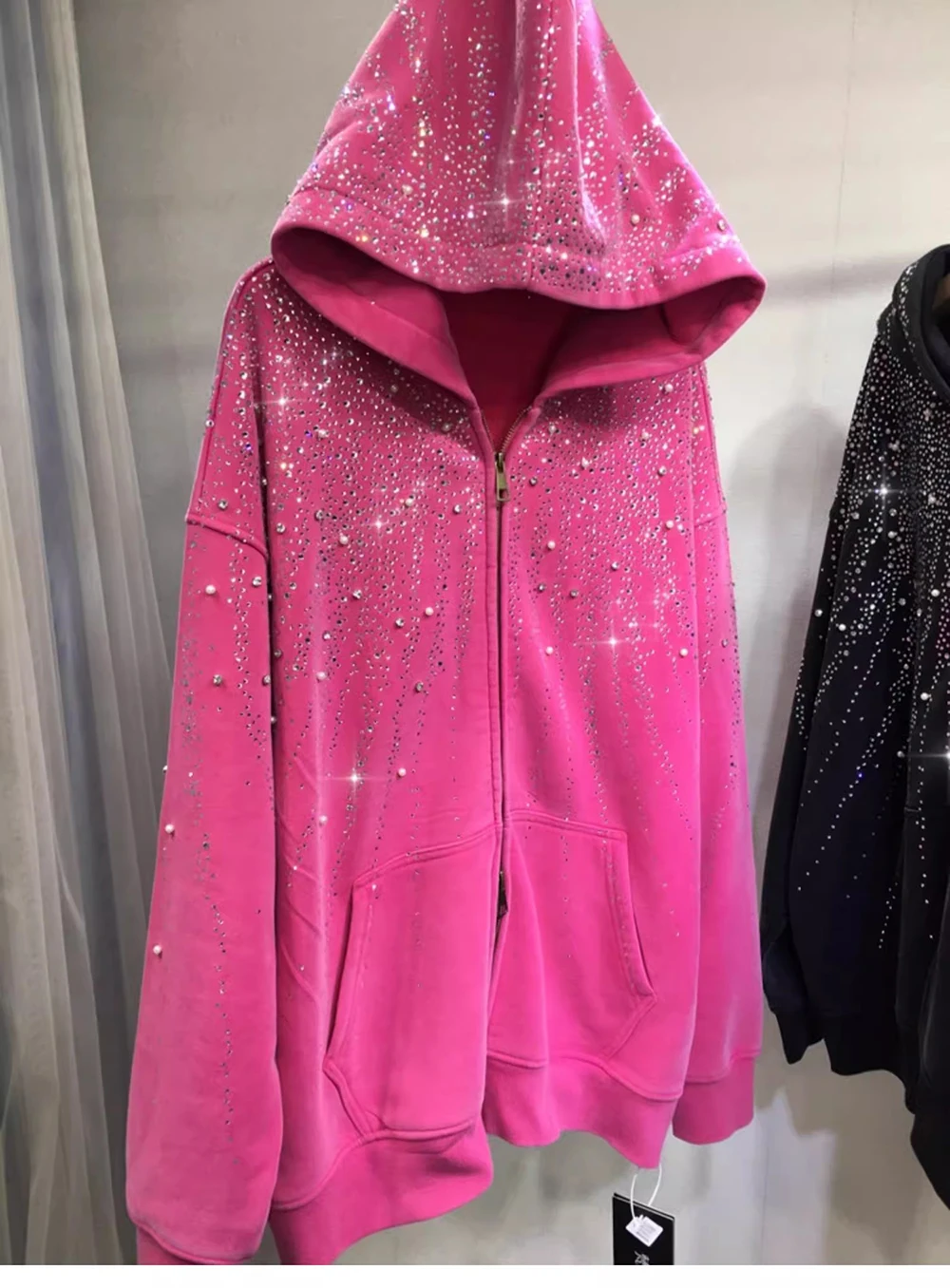 

Женская куртка с капюшоном больших размеров со стразами и бриллиантами, свободная повседневная облегающая толстовка, зимняя толстовка с длинными рукавами