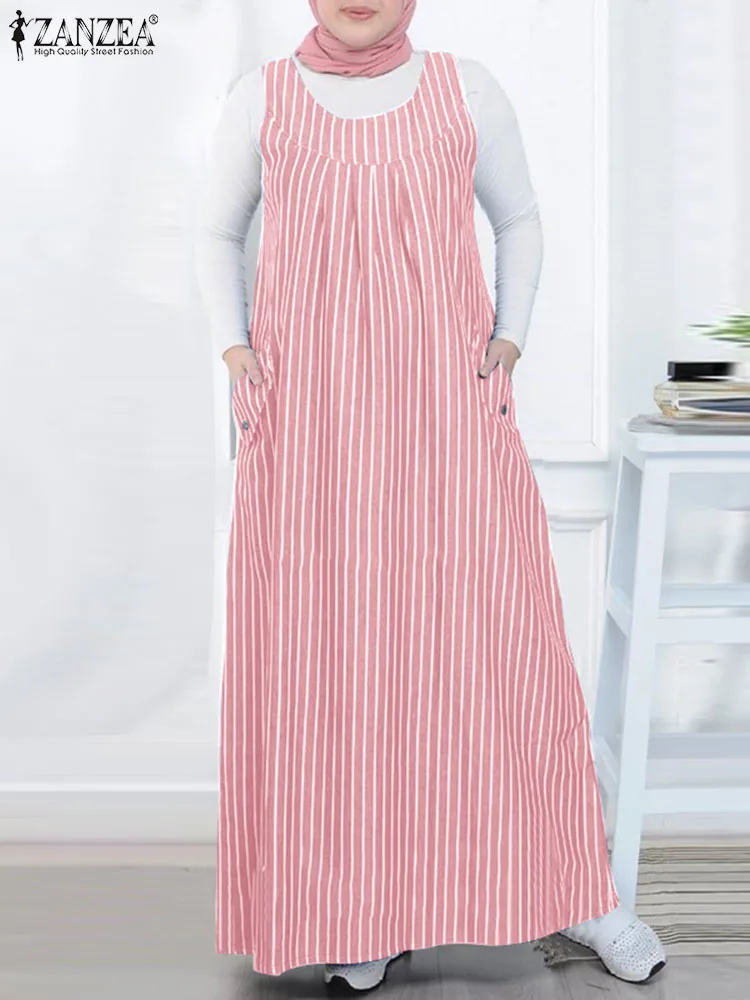 

Summer Sleeveless Striped Muslim Dress ZANZEA Women Fashion Vintage Casual Dubai Turkey Abaya Hijab Vestido Sundress Robe Femme