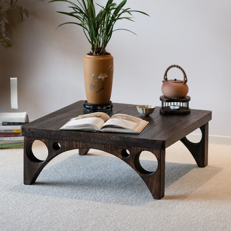 Solid Wood Antique Arch Bridge Table Chinese Vintage Charred Copper Tatami Tea Table Low Bay Window Tables for Hostel & Balcony