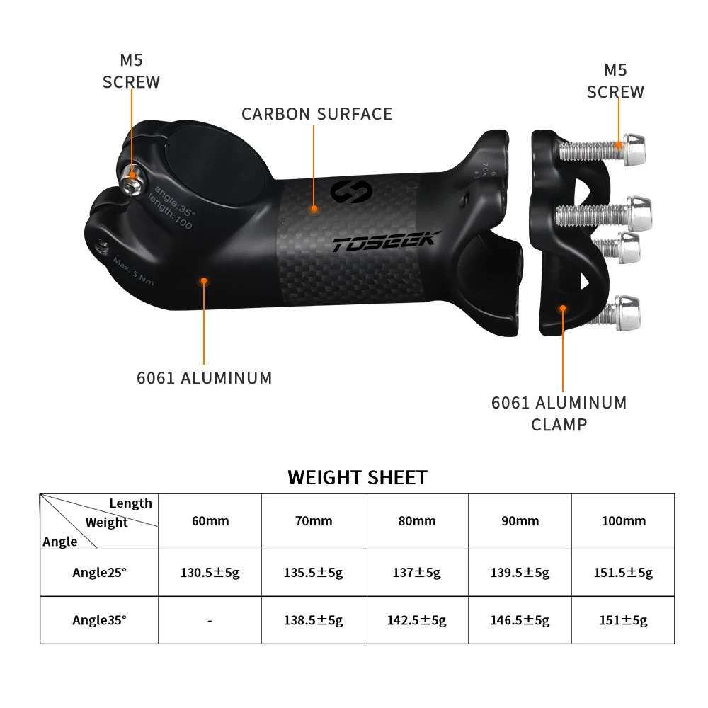 Toseek Carbon + Aluminum Alloy Stem 10/17/25/35 Degree MTB Handlebar Stem Power 31.8 Mm Ultralight Bicycle Handlebar Stems Table