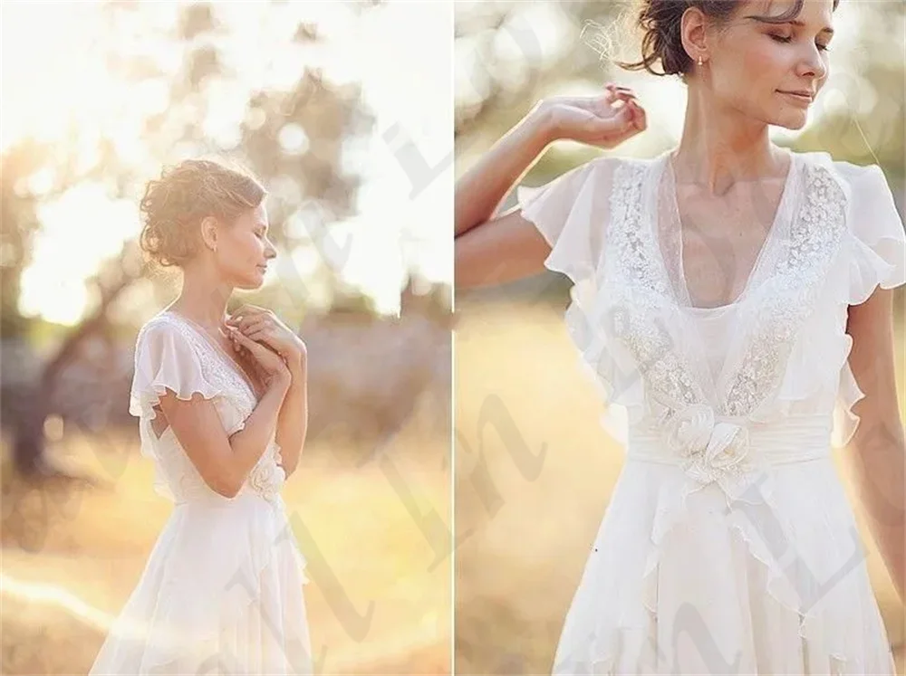 Vestido De Novia De gasa con cuello en V, traje De encaje 3D, Floral, línea A, largo, bohemio, estilo campestre, primavera, 2024