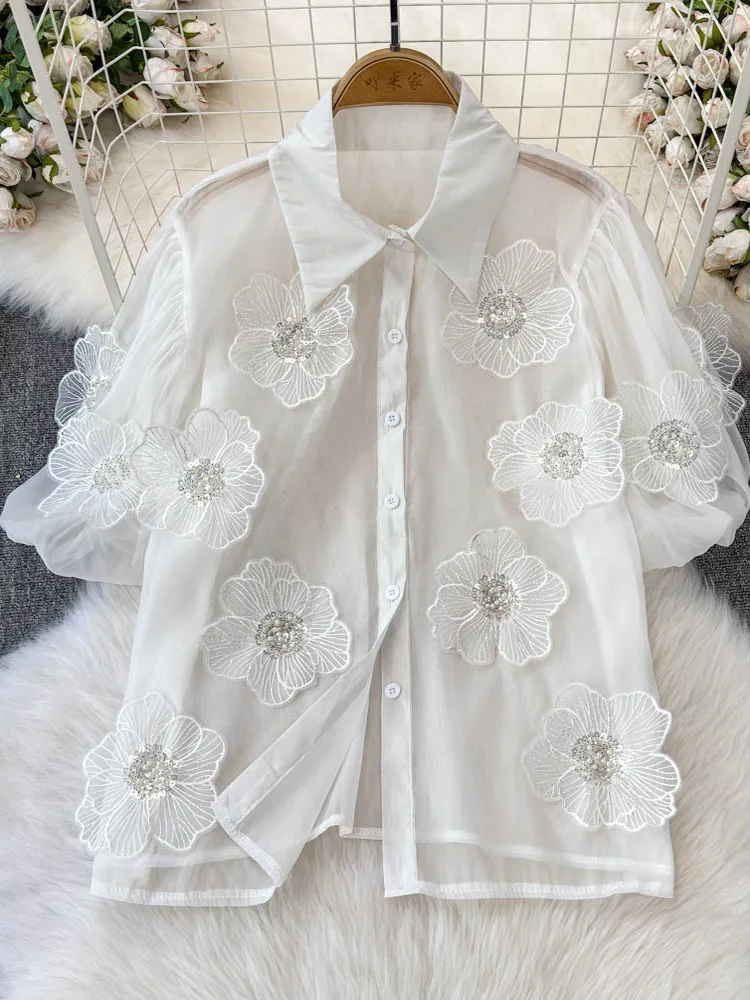 

Slimming Effect Heavy Work Sequin Design Sweet 3D Flower Top Collar Bubble Sve Thin Versatile irt Korean Sle Commute