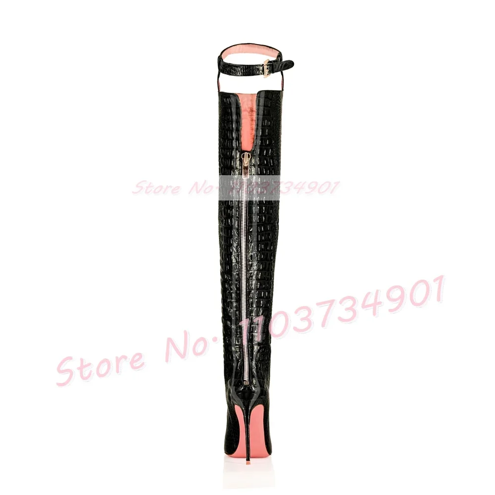 Alligator Thigh Strap Boots Women Pink Sole Back Zipper Pointed High Heels Shoes Ladies Sexy Slim Fashion Big Size Crotch Boots