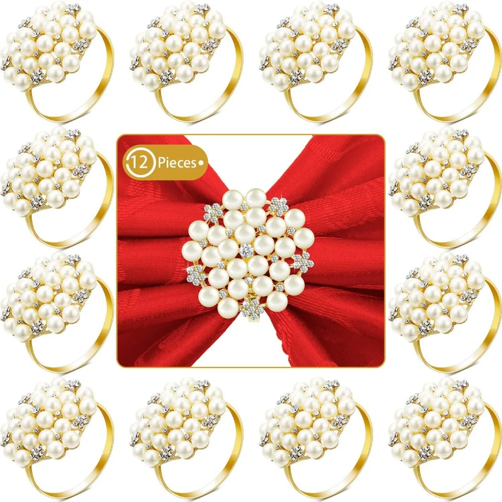 

100 Pcs Gold Napkin Rings Pearls Flower Napkin Buckles Rhinestone Bling Round Napkin Holders Wedding Banquet Home Party