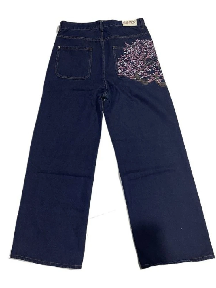 

HOUZHOU джинсовые брюки с вышивкой женские черные Y2k готические мешковатые брюки винтажные прямые джинсы в стиле панк хип-хоп Harajuku уличная одежда