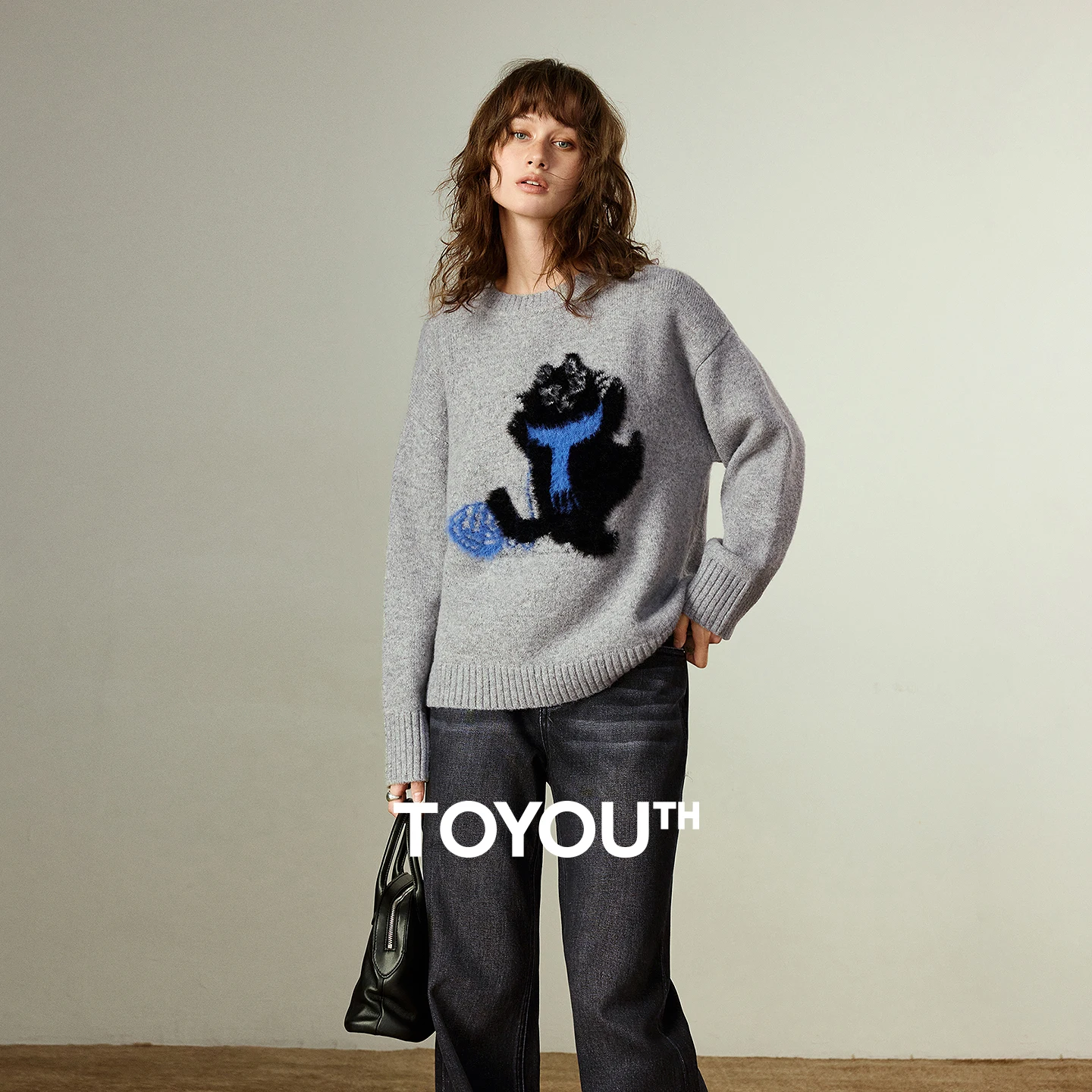 

TOYOUTH женский свитер 2025, новый зимний светло-серый шерстяной пряжи с котом, жаккардовый толстый бархатный топ с круглым вырезом со сто цветов