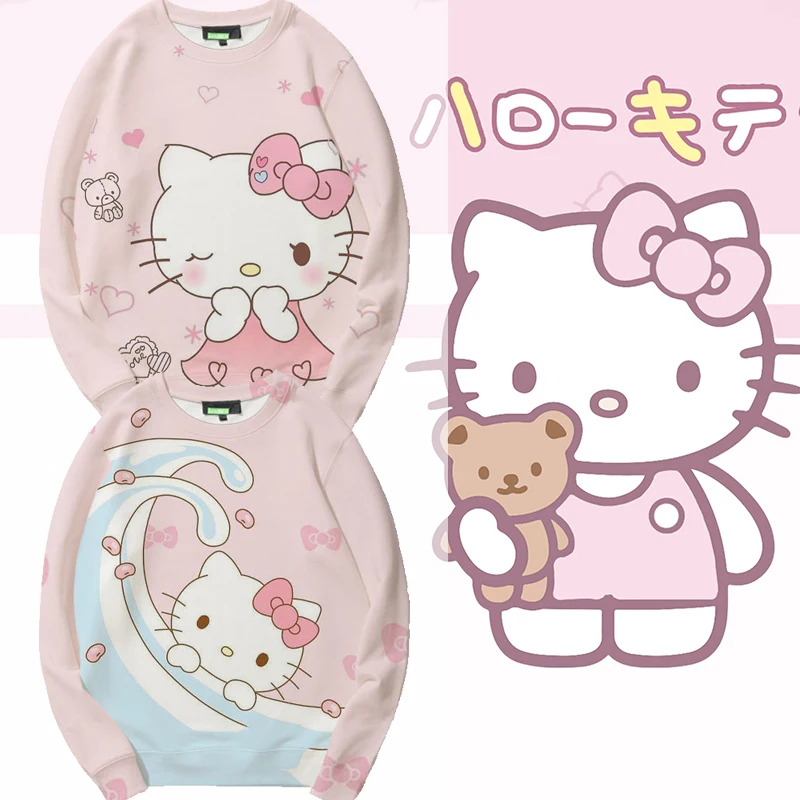 HelloKitty Kitty Co branded Round Neck Sweater for Women and Girls in Autumn, Sanrio Clothes Cartoon Cute Coat