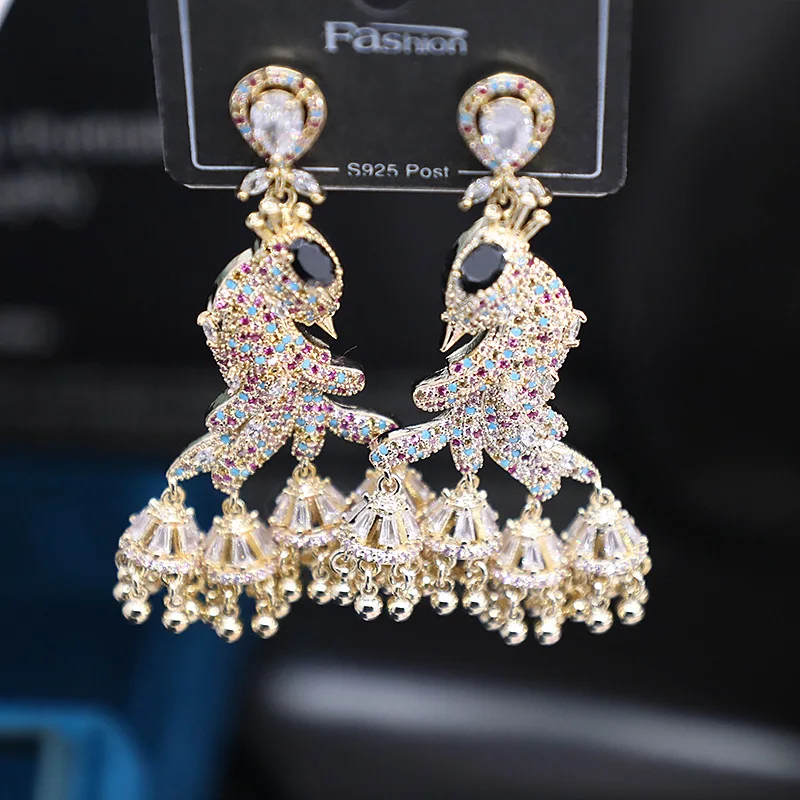 Bilincolor Zircon Inlaid Parrot Wind Chime Tassel Earrings for Women