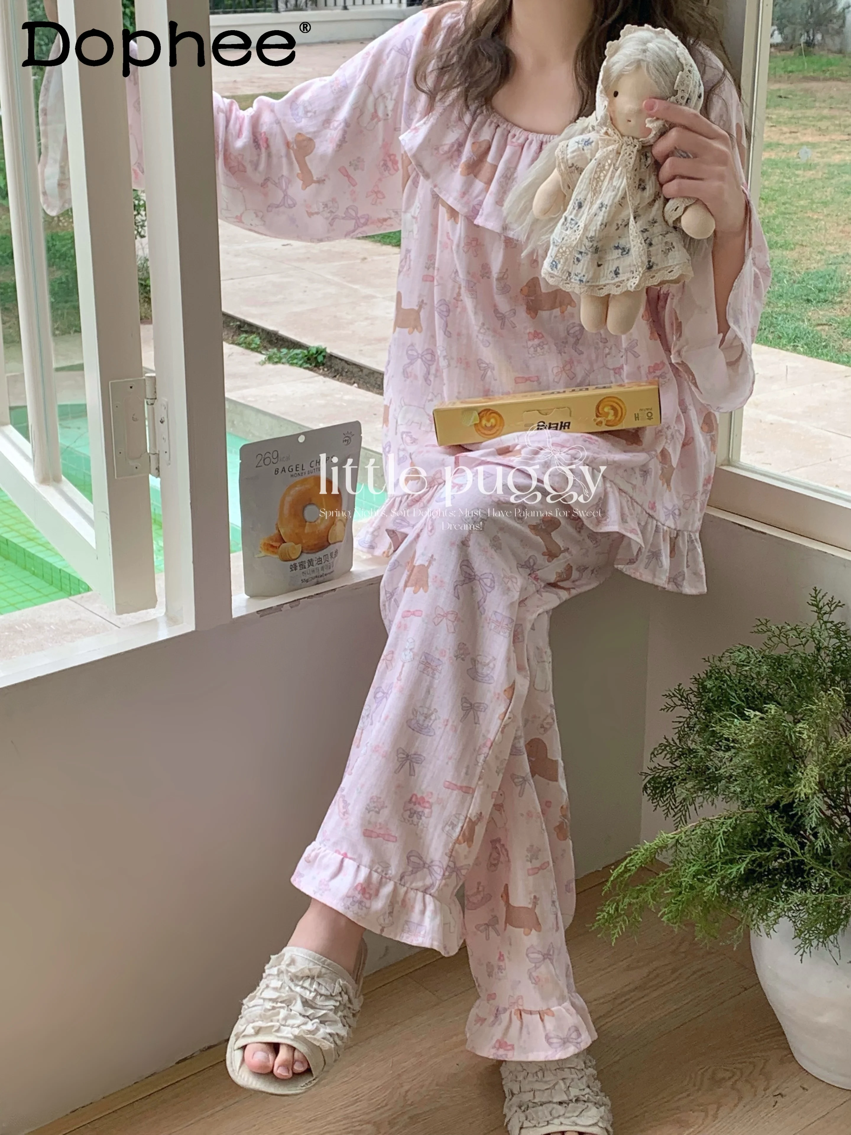 

Korean Ins Double-layer Cotton Yarn Cartoon Cute Doll Collar Long-sleeved Pajamas Ruffle Edge Comfortable Soft Loungewear Set
