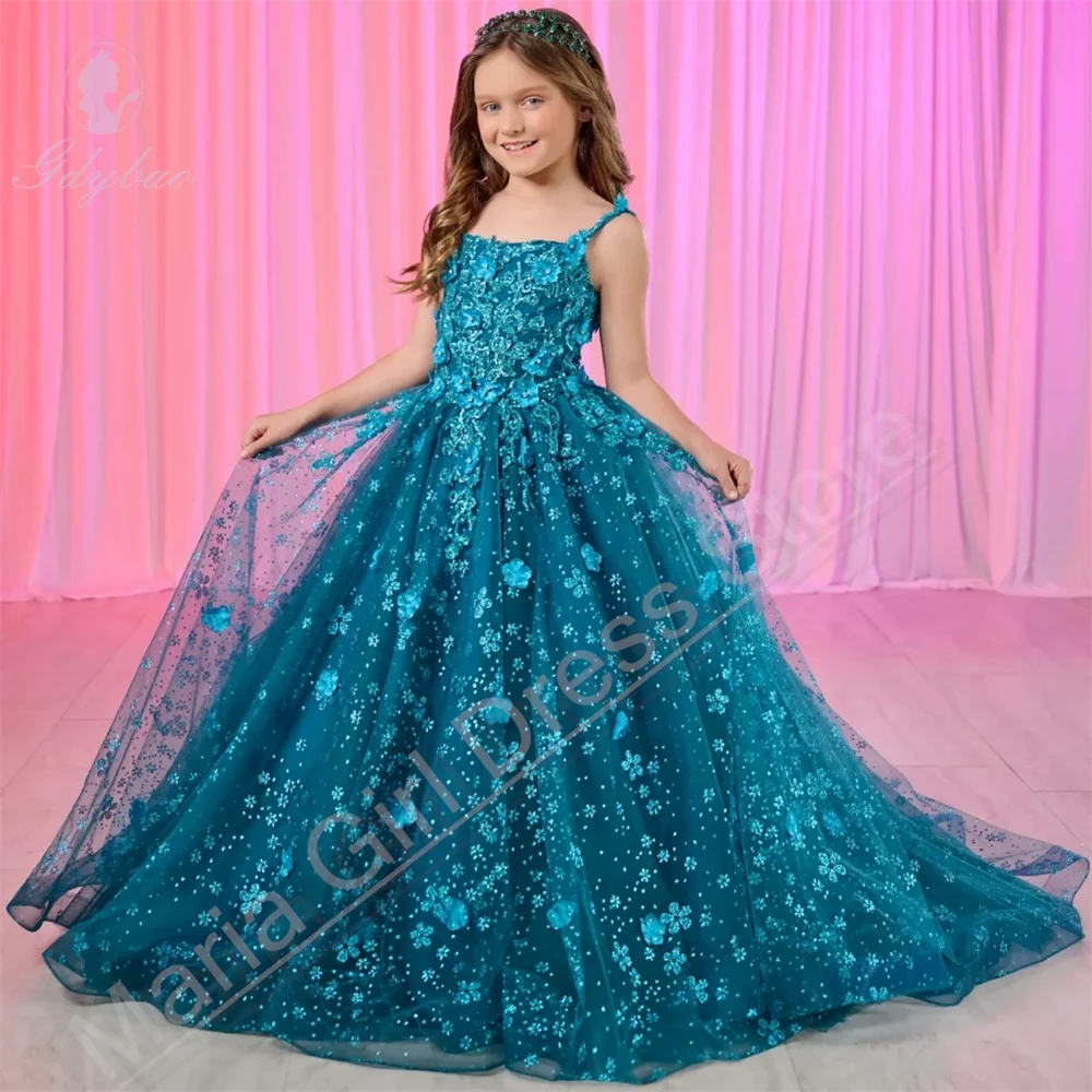 

Teal Blue Girls Dress Fluffy Spaghetti Straps For Wedding First Communion Dress Kids Party Formal Occasion Gown