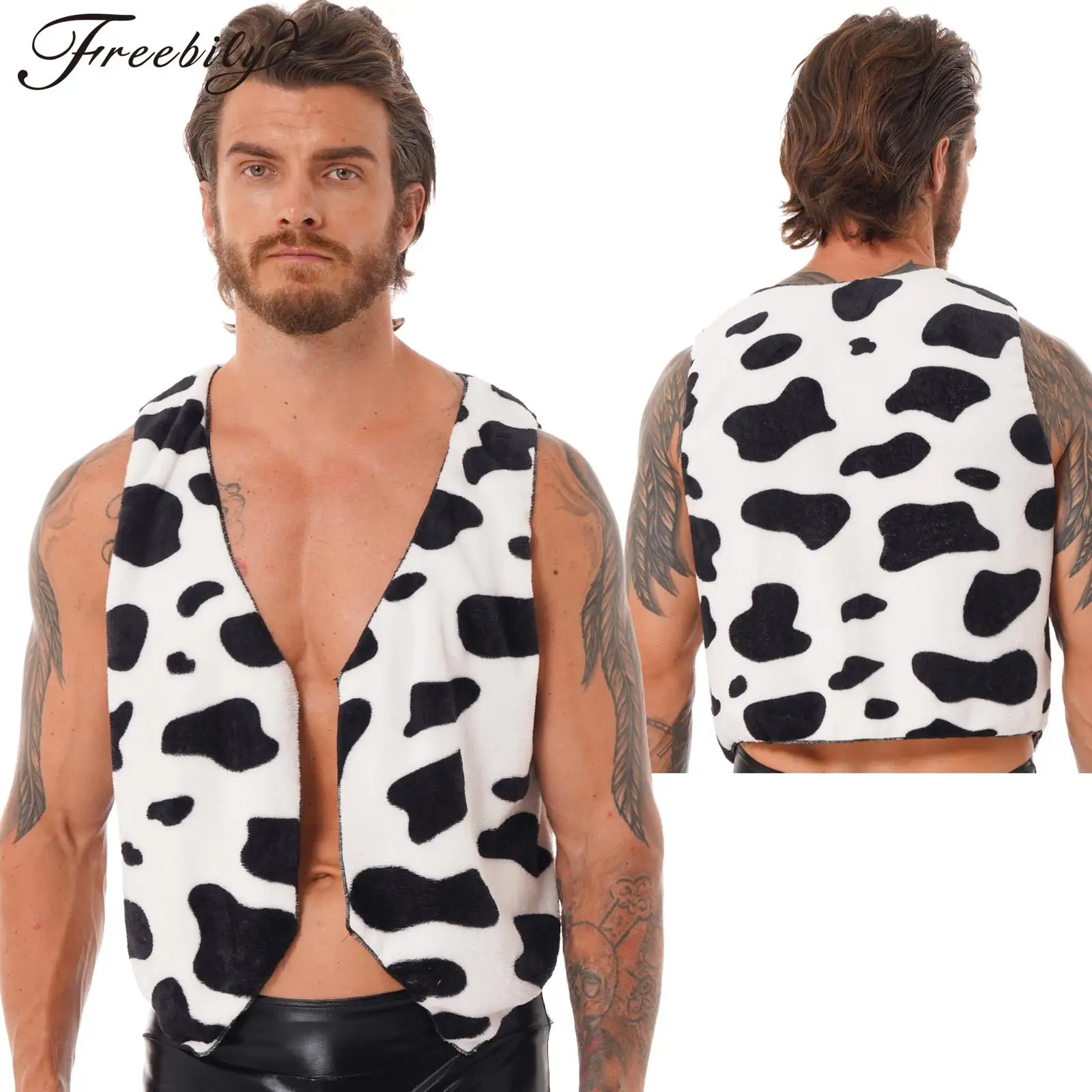 

Men Cow Print Vest Top Flannel Sleeveless Open Front Western Cowboy Cardigan Halloween Festival Rave Party Fancy Dress Up Vests