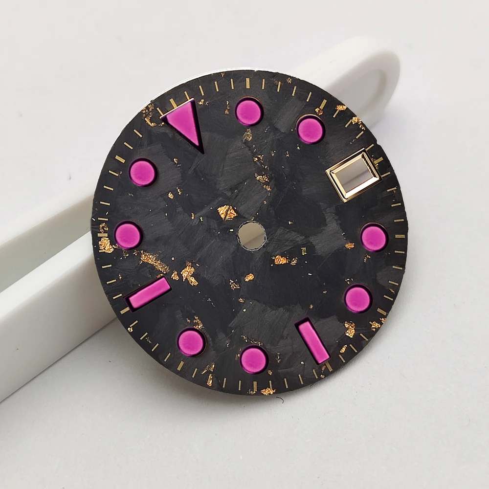 NH35 Carbon Fiber Watch Dial 28.5mm Blue Swirl Pink index Markers Date Window For watch NH35 Mod Mechanical Watch