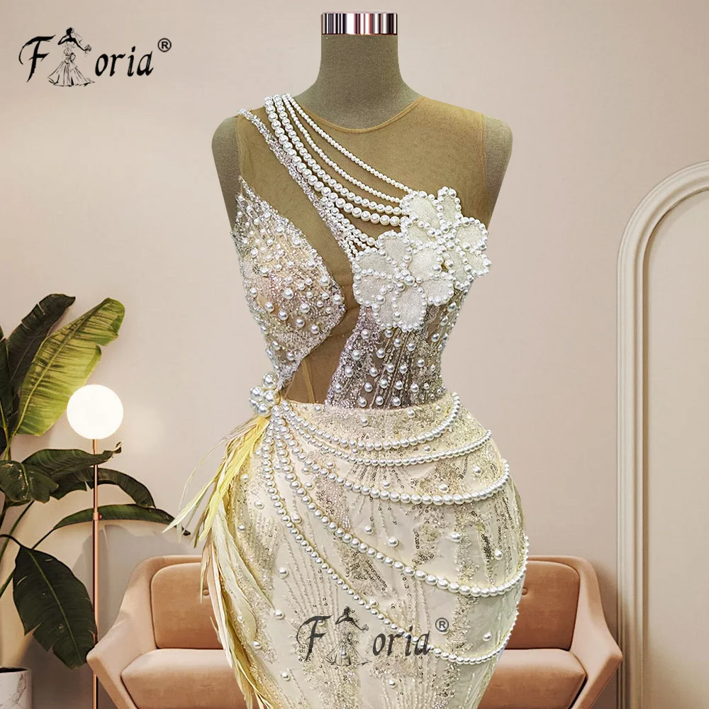 Charming Pearls Feather Arabic Dubai Formal Occasion Dress Beaded Flower Tassel Slit Mermaid Wedding Party Dress Evening Dresses