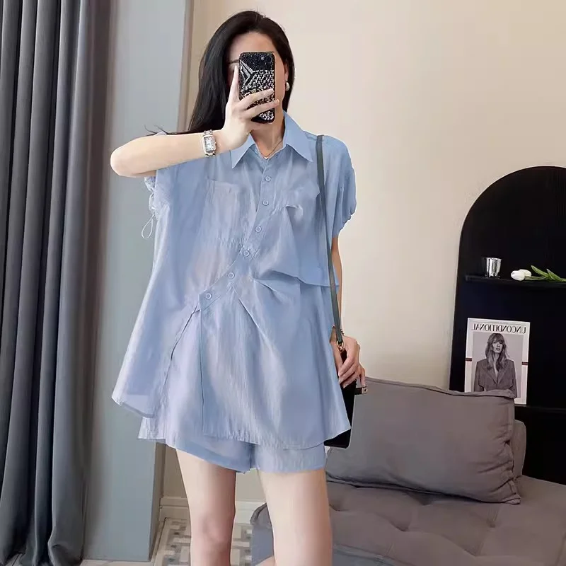 Women's Outerwear 2024 Summer Meat Shielding Short Sleeved Shirt Shorts Set Paired With a Complete set of Women Summer Clothing