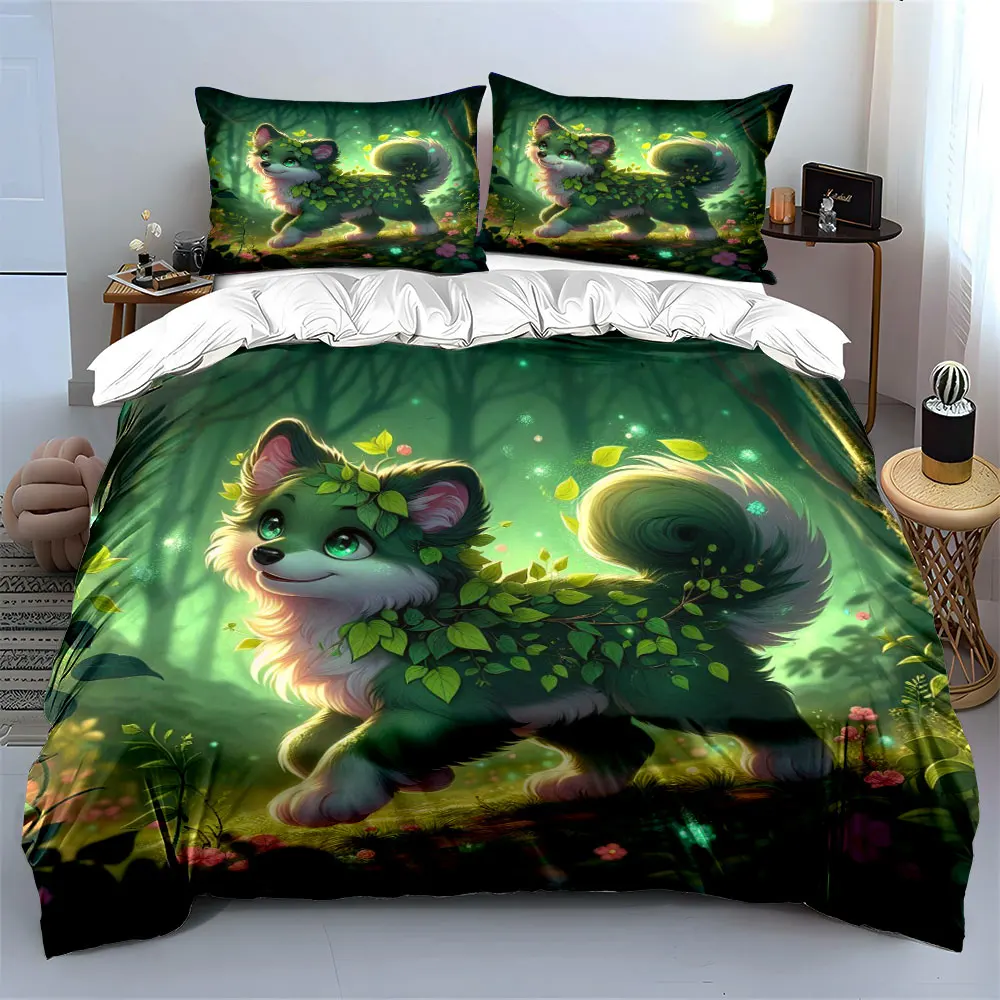 3pcs Green spirit dog strolling forest Duvet Cover Set with 3D Printing Design Soft Polyester Bedding Set All-Season Comfort