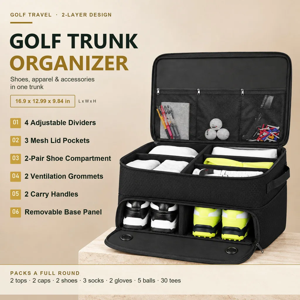 Golf Trunk Organizer Golf Shoes Bag Ventilated Dividers Mesh Pockets with Large Golf Storage Box Balls Tees Clothes Gloves Shoe
