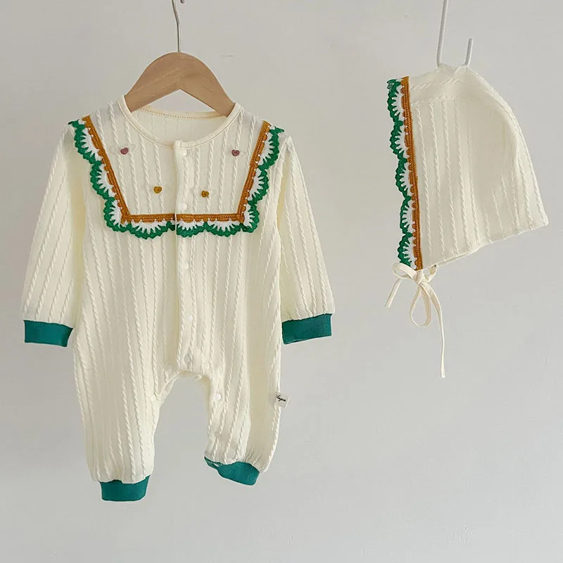 

Infant Baby Girls Romper+Hat Splicing Cotton Long Sleeve Newborn Baby Girls Jumpsuit One Piece Outfit Spring Autumn Baby Clothes