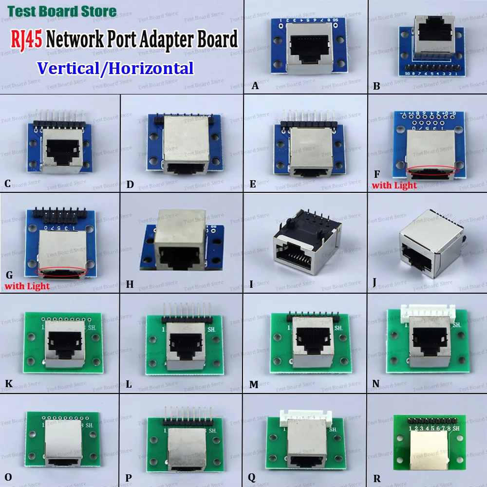 RJ45 Network Port Adapter Test Board Horizontal/vertical Bent StraightPin 8P Crystal Head Female Socket Circuit Board with Light