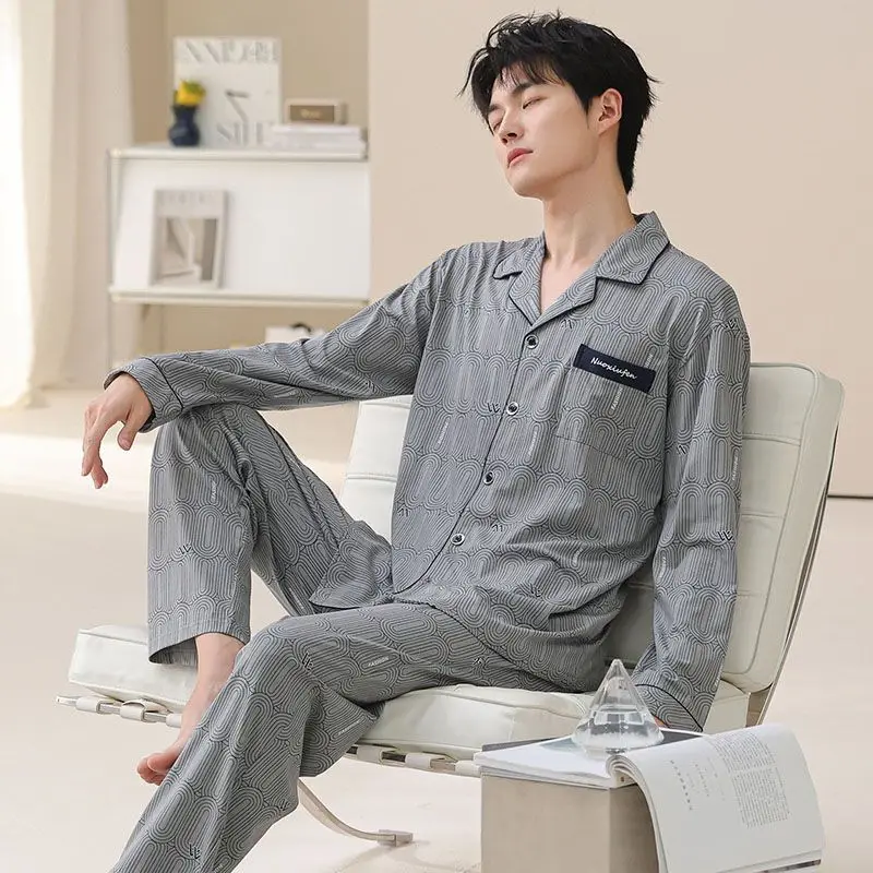 2025 Autumn Plus Size Long Sleeve Cotton Print Pajama Sets for Men Korean Loose Sleepwear Suit Pyjama Male Homewear Home Clothes