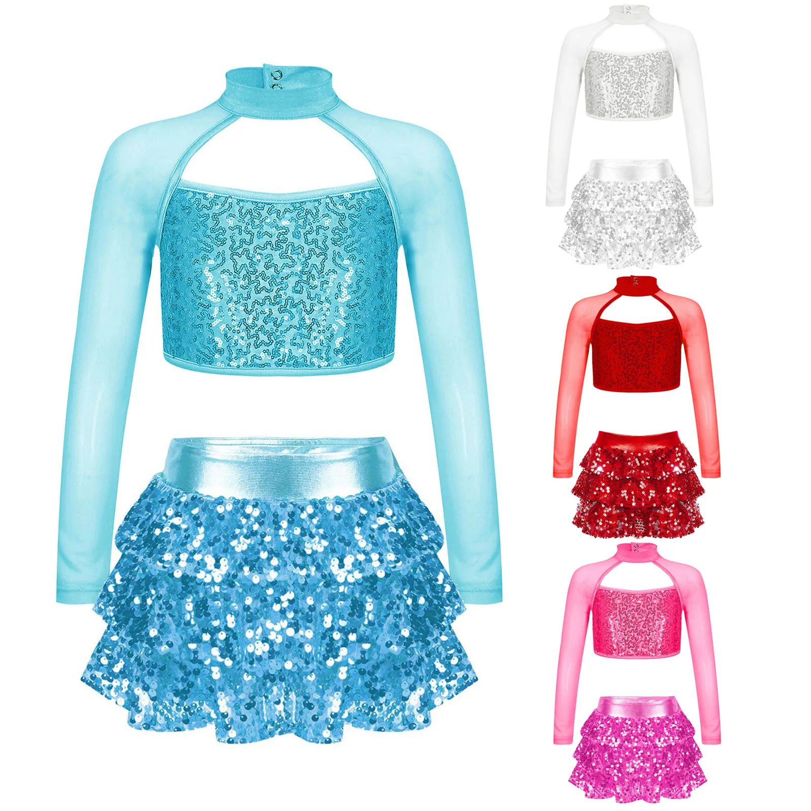 Kids Long Sleeve Shiny Sequins Crop Top with Skirts Girls Jazz Dance Outfit Birthday Party Costume Stage Performance Dancewear