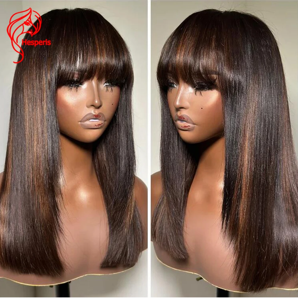 Hesperis Hesperis Short Bob Human Hair Wig With Bangs Brazilian Remy #30 Color Highlight Brown Scalp Top Full Machine Made Wig