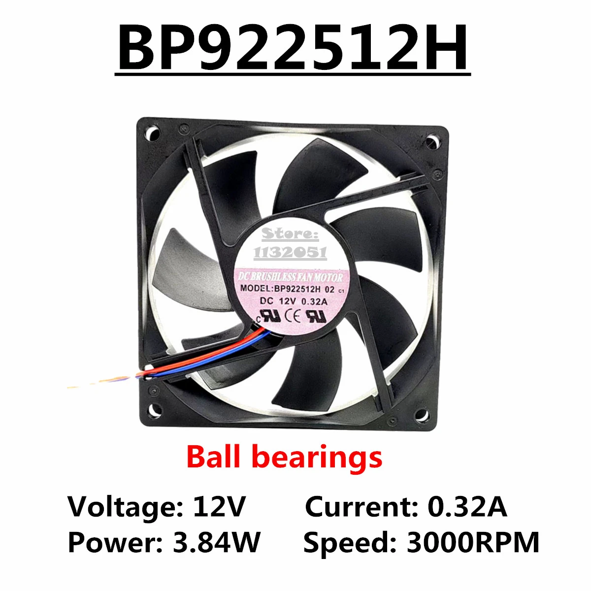 BP922512H 02 DC 12V 0.32A 3.84W 3000RPM±10% 9225 92x92x25mm 2 Wire Double Ball Bearings Computer Chassis Server Cooling Fan