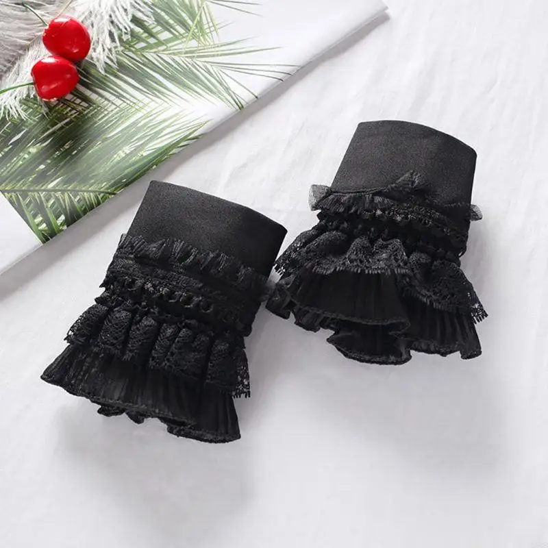 D5QB Gothic Retro Black abnehmbare Hülle gefälschte Manschetten Multi -Layer -Rüschen Spitzen Patchwo