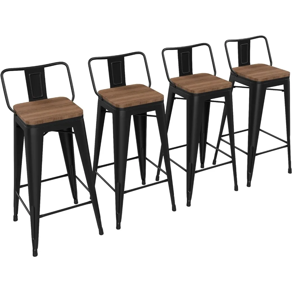 

30 inch Bar Stools Set of 4 Bar Height Metal Barstools with Wood Seat Low Back Kitchen Bar Chairs Matte Black