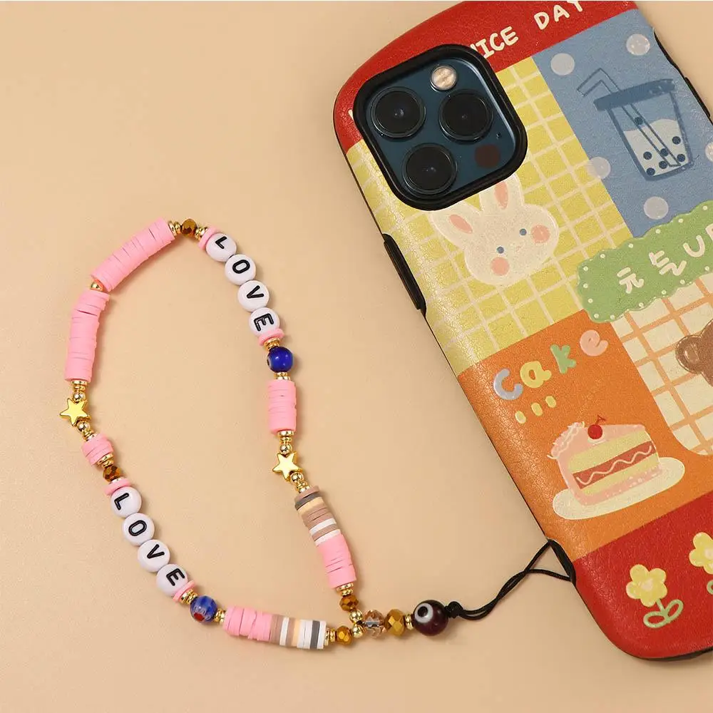 Rope Smiling Beads Chain Telephone Jewelry Mobile Phone Straps Cell Phone Lanyard Heishi Clay Beaded LOVE Letter Lanyard