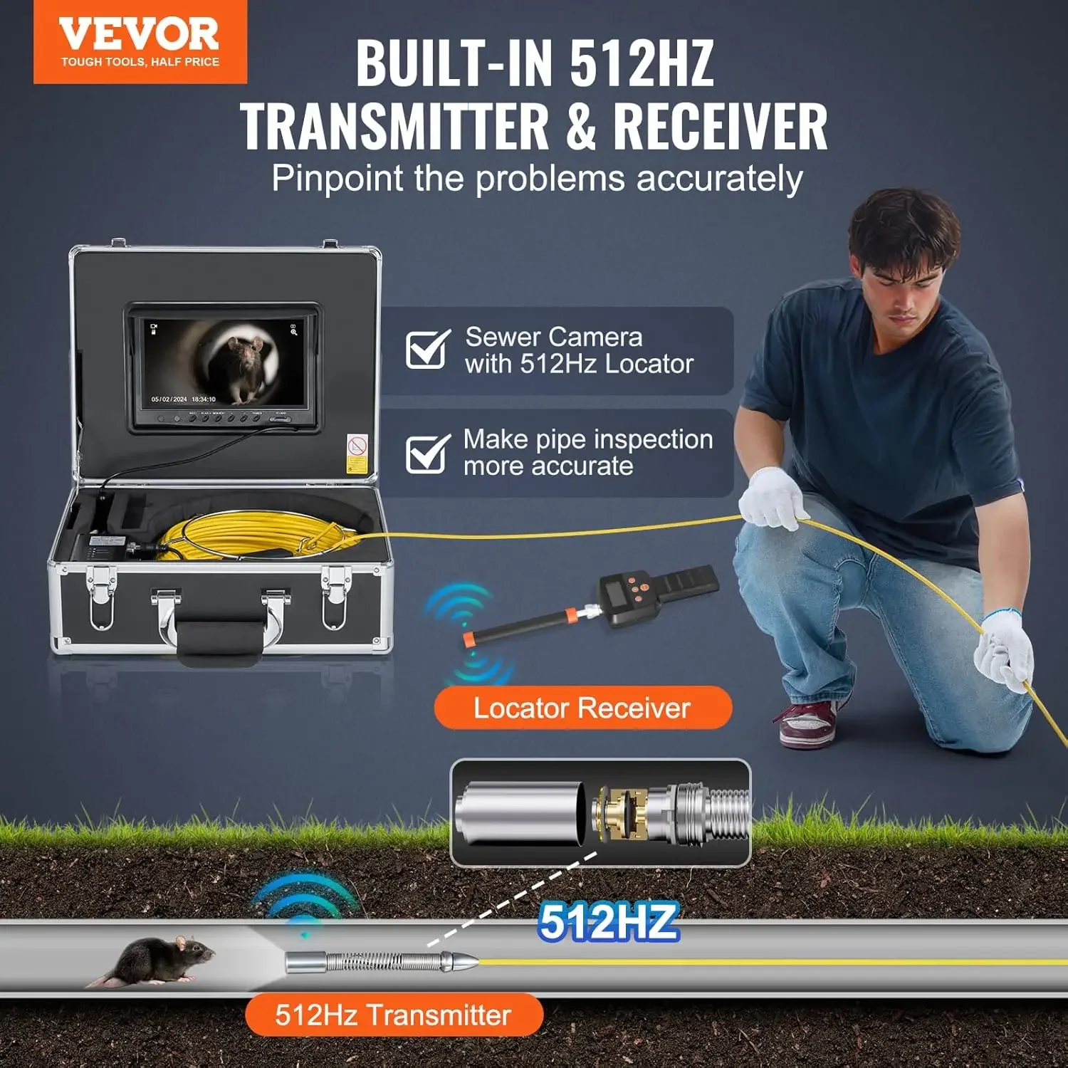 Sewer Camera with 512Hz Locator 98 ft 30 m 9 Drain Inspection Camera with Self Leveling 36X Zoom Plumbing Camera with Lights