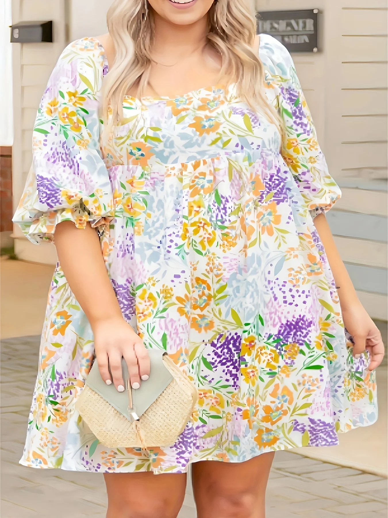 2024 new style Plus  Size Small Floral Square Collar Dress Bubble Sleeve Loose Straight Skirt Elegant Temperament Fashion