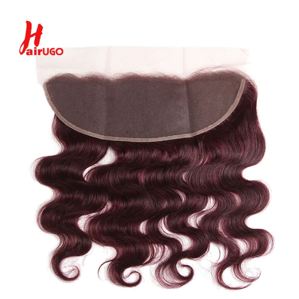 Harugo-Cabello humano brasileño 99J con encaje Frontal 13x4, 100% densidad, Remy, Burgundy, encaje Frontal con pelo de bebé