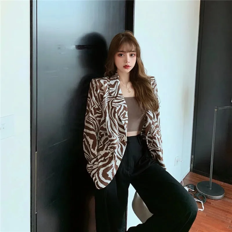 2023 Spring and Autumn New Women's Zebra Pattern Suit Collar Mid length Chiffon Thin Design Feel Small Fragrance Cover Blazers