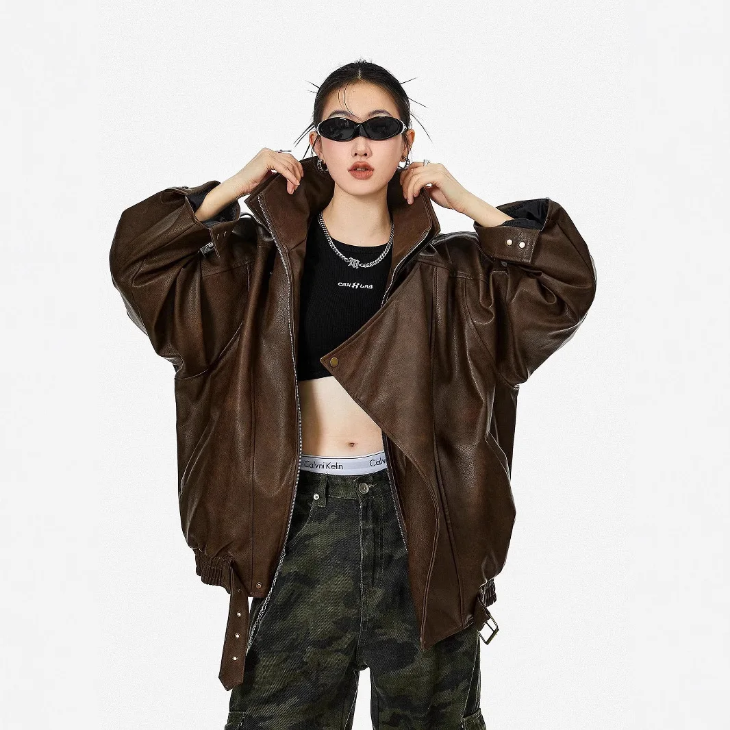 Spring New Retro Stand-up Collar Locomotive Leather Jacket PU Jacket Top Short Outside