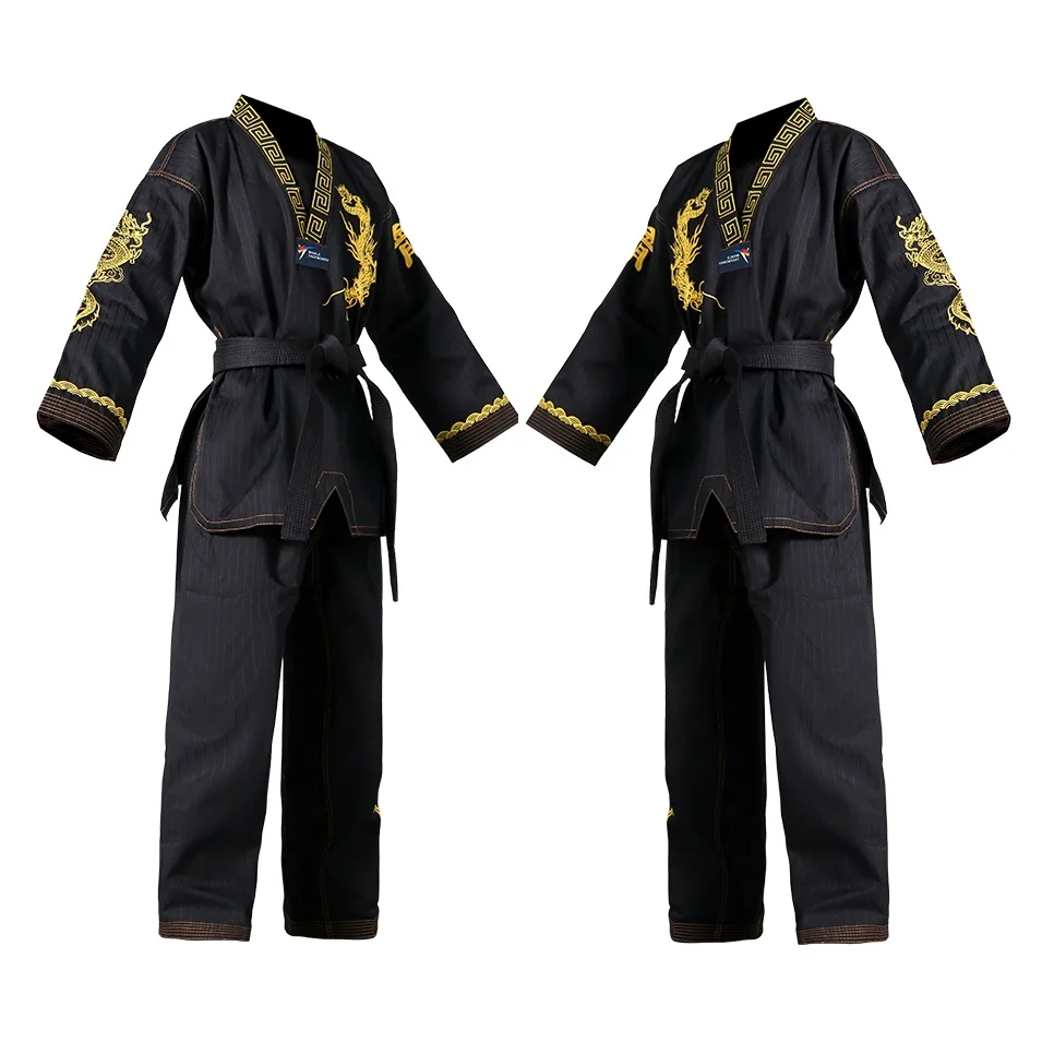 Regular Black Taekwondo Gi Uniform Set 8oz Ultra Light TKD Suit With Belt For Kids Adults Unisex Dragon Pattern Embroidery