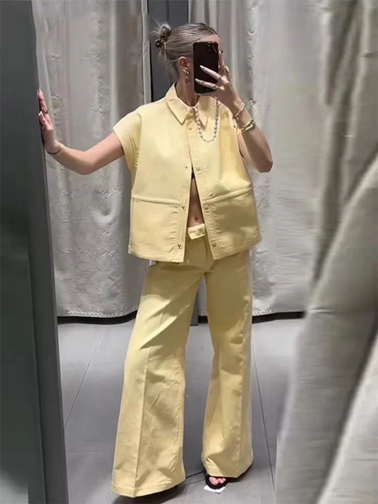 스트리트 패션 조끼 바지 세트 여성 투피스 라펠 반팔 조끼 와이드 레그 바지 2025 여름 캐주얼 의상