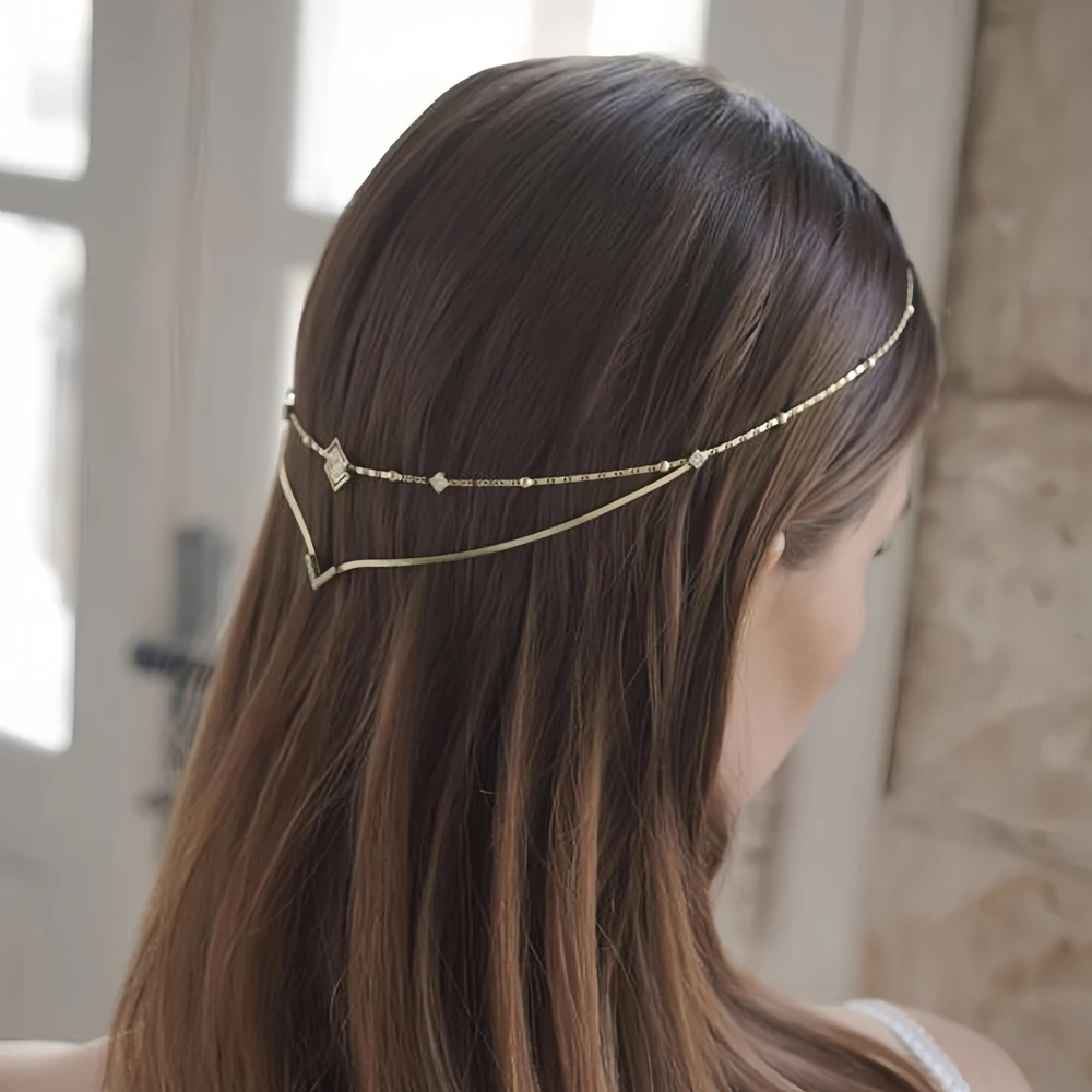 XSBODY Charm Rhinestone V Hair Chain Headband Indian Head Decoration Symmetrical Geometric Crystal Bridal Headdress for Wedding