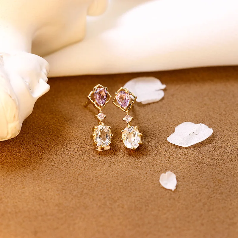 LAMOON Romantic Purple Natural Amethyst Topaz Stud Earrings For Women 925 Sterling Silver Light Gold Color Fine Jewelry Gift