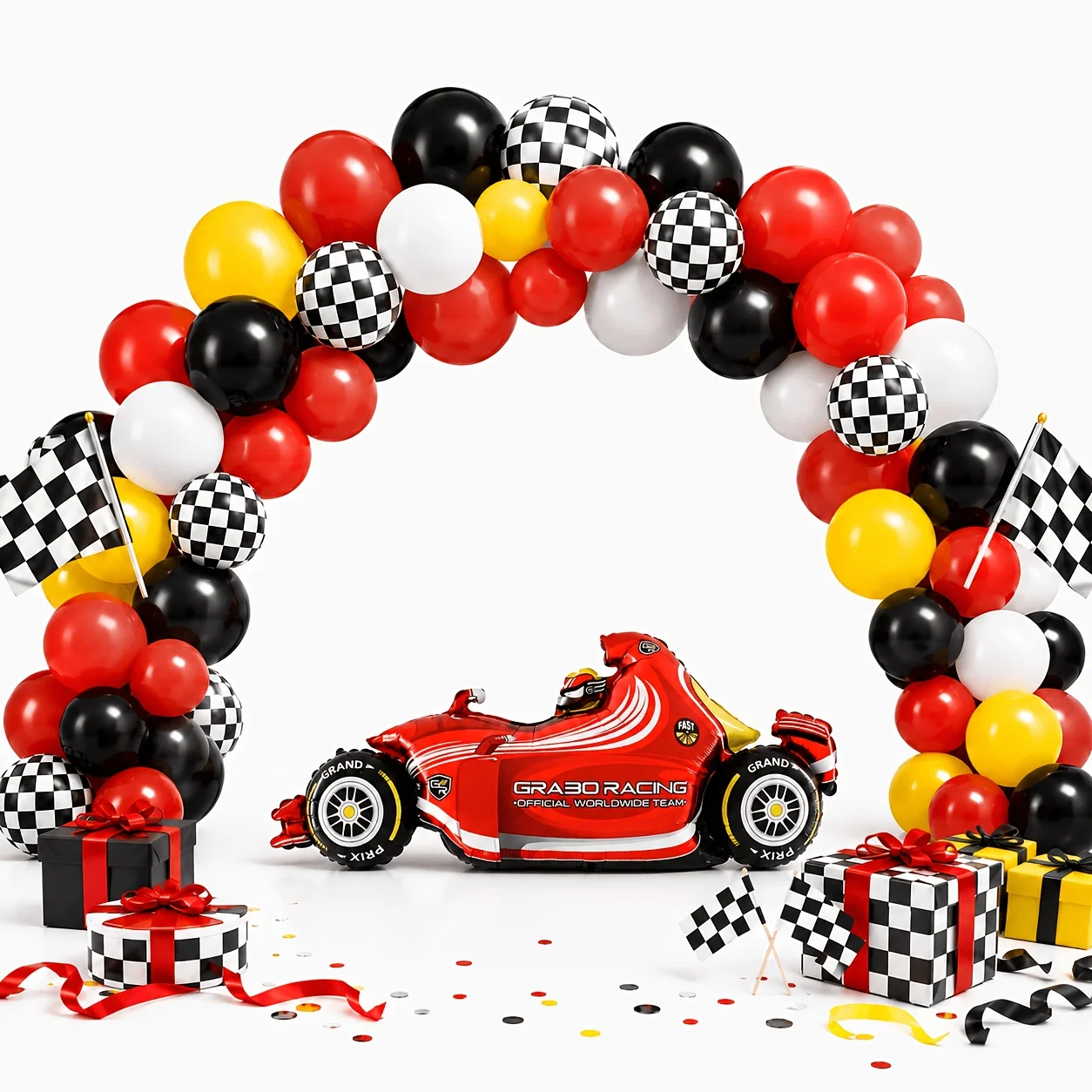Race Car Themed Birthday Party Supplies Balloon Kit, Large Red Formula Racing Car Foil Balloon Black White Checkered Flag Balloo